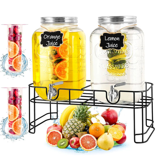 ACDRIME Drink Dispenser & Glass Water Dispenser 2 Pack 2 Gallon Beverage Dispenser with Standwith Ice CoreStainless Steel Spigot and Lid 100% Leakproof.Glass Beverage Dispenser for BBQPicnicParty